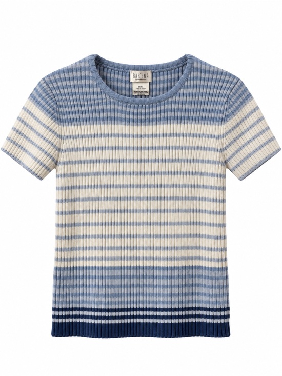 Braemar Tops - BARENA Blue and Cream Striped Rib Knit Short Sleeve Top %100 Cotton